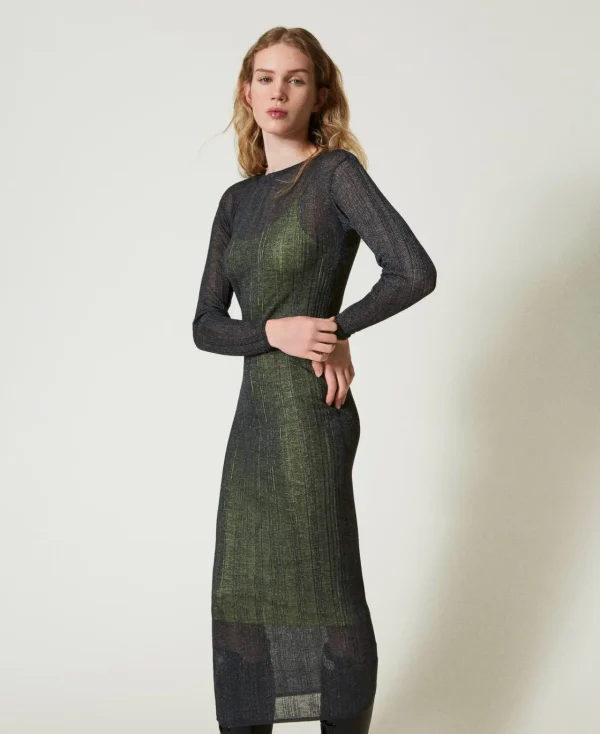 Robes En Maille | Robes Longues*TWINSET Milano Robe Longue Ajustée En Maille Côtelée Gris « Blackened Pearl »