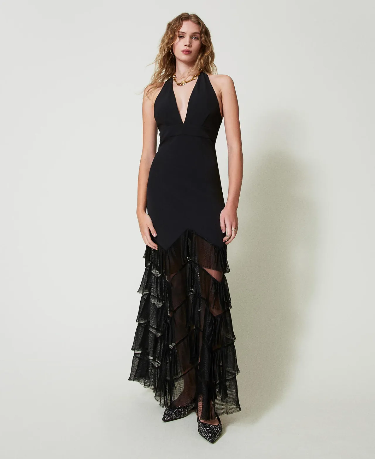 Robes De Cérémonie | Robes Élégantes*TWINSET Milano Robe Longue Avec Encolure Licou Et Volants Plissés En Tulle Noir