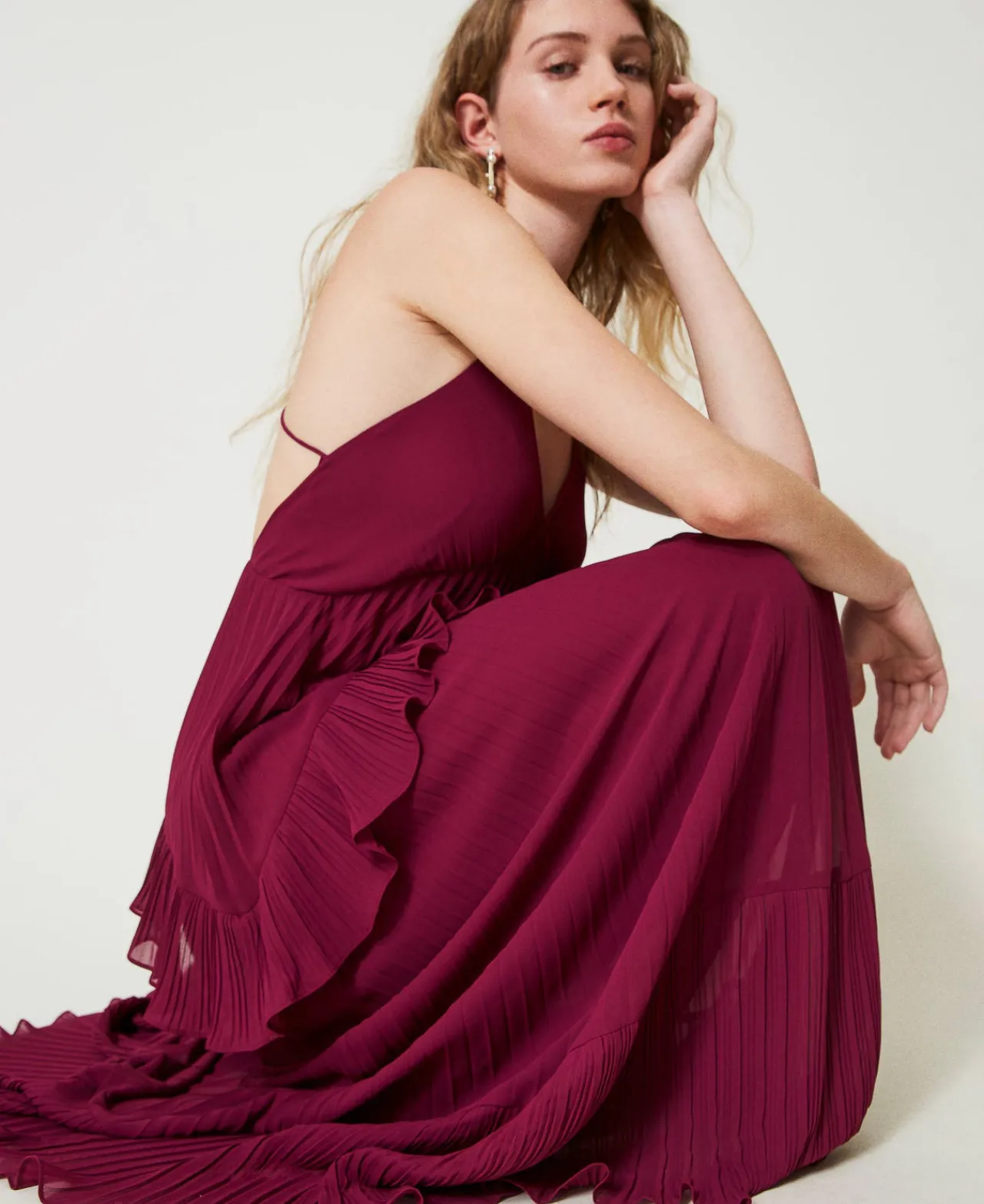 Robes De Cérémonie | Robes Élégantes*TWINSET Milano Robe Longue En Crêpe Georgette Plissé Violet « Prune Rouge »