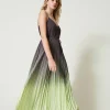 Robes De Cérémonie | Robes Élégantes*TWINSET Milano Robe Longue En Crêpe Georgette Plissé Imprimé Bicolore Gris « Blackened Pearl »/Vert « Soft Lime »