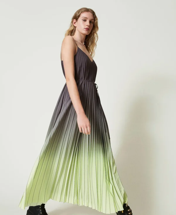 Robes De Cérémonie | Robes Élégantes*TWINSET Milano Robe Longue En Crêpe Georgette Plissé Imprimé Bicolore Gris « Blackened Pearl »/Vert « Soft Lime »