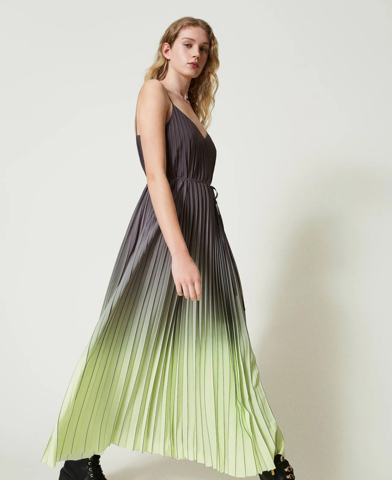 Robes De Cérémonie | Robes Élégantes*TWINSET Milano Robe Longue En Crêpe Georgette Plissé Imprimé Bicolore Gris « Blackened Pearl »/Vert « Soft Lime »