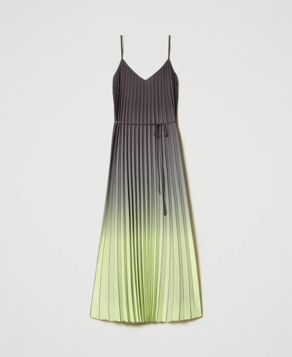 Robes De Cérémonie | Robes Élégantes*TWINSET Milano Robe Longue En Crêpe Georgette Plissé Imprimé Bicolore Gris « Blackened Pearl »/Vert « Soft Lime »