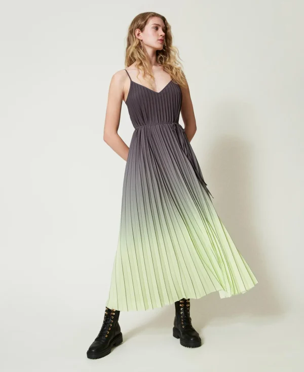 Robes De Cérémonie | Robes Élégantes*TWINSET Milano Robe Longue En Crêpe Georgette Plissé Imprimé Bicolore Gris « Blackened Pearl »/Vert « Soft Lime »