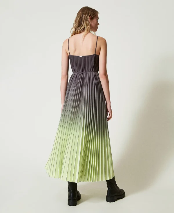 Robes De Cérémonie | Robes Élégantes*TWINSET Milano Robe Longue En Crêpe Georgette Plissé Imprimé Bicolore Gris « Blackened Pearl »/Vert « Soft Lime »