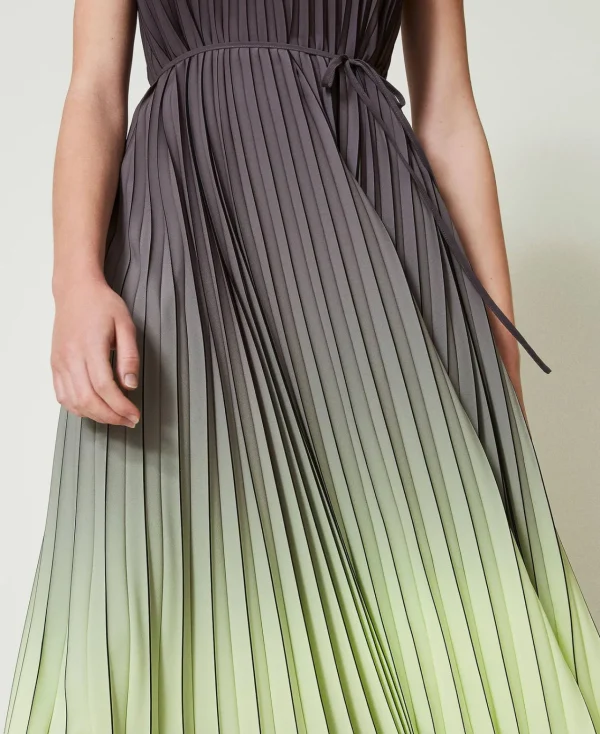 Robes De Cérémonie | Robes Élégantes*TWINSET Milano Robe Longue En Crêpe Georgette Plissé Imprimé Bicolore Gris « Blackened Pearl »/Vert « Soft Lime »