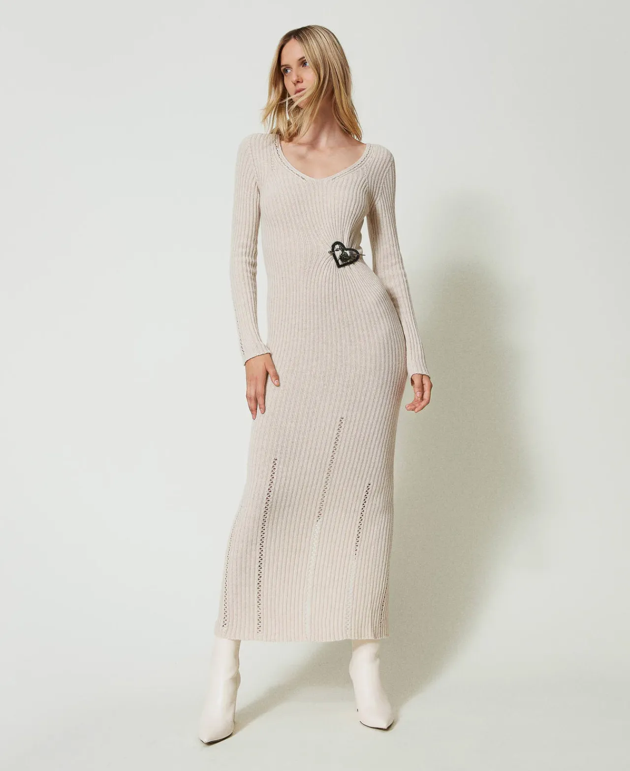Robes De Cérémonie | Robes Élégantes*TWINSET Milano Robe Longue En Fil Treeblend Avec Broche Cappuccino