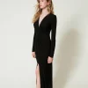 robe_longue_en_jersey_ave_2-1.webp Robes De Cérémonie | Robes Élégantes*TWINSET Milano Robe Longue En Jersey Avec Drapé Noir
