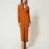 Robes En Maille | Robes Longues*TWINSET Milano Robe Longue En Maille Avec Fronce Orange « Tanné »