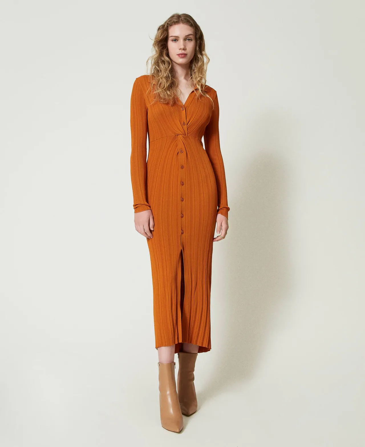 Robes En Maille | Robes Longues*TWINSET Milano Robe Longue En Maille Avec Fronce Orange « Tanné »