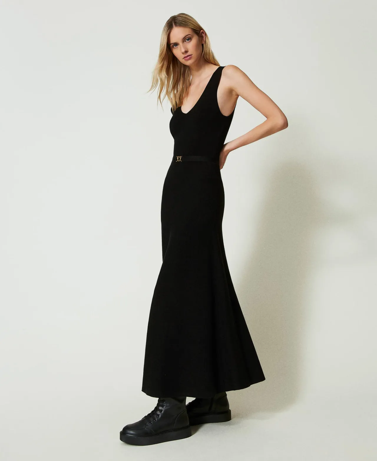 Robes En Maille | Robes Longues*TWINSET Milano Robe Longue En Maille Avec Ceinture Noir