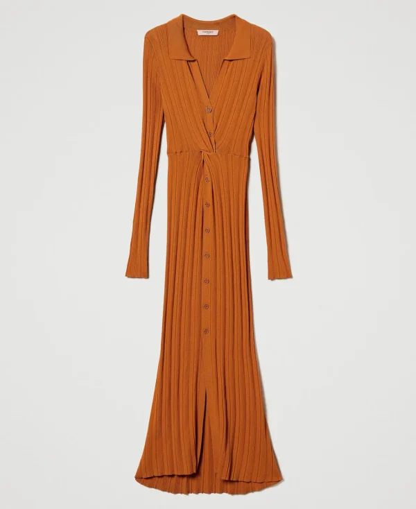 Robes En Maille | Robes Longues*TWINSET Milano Robe Longue En Maille Avec Fronce Orange « Tanné »