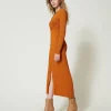 Robes En Maille | Robes Longues*TWINSET Milano Robe Longue En Maille Avec Fronce Orange « Tanné »