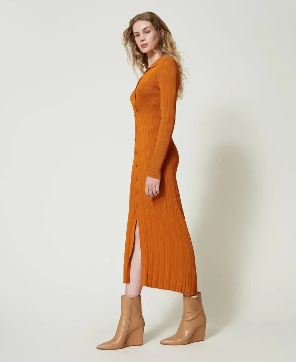 Robes En Maille | Robes Longues*TWINSET Milano Robe Longue En Maille Avec Fronce Orange « Tanné »