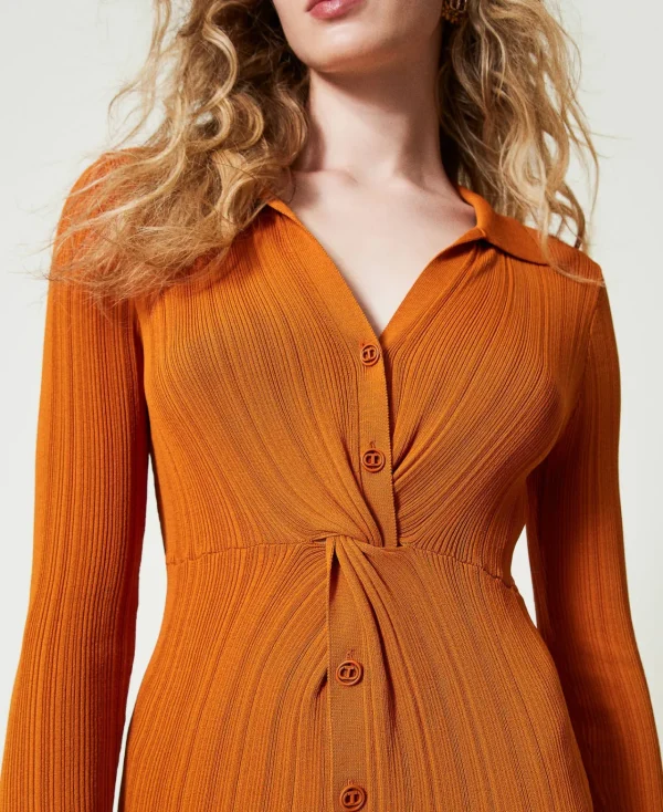 Robes En Maille | Robes Longues*TWINSET Milano Robe Longue En Maille Avec Fronce Orange « Tanné »