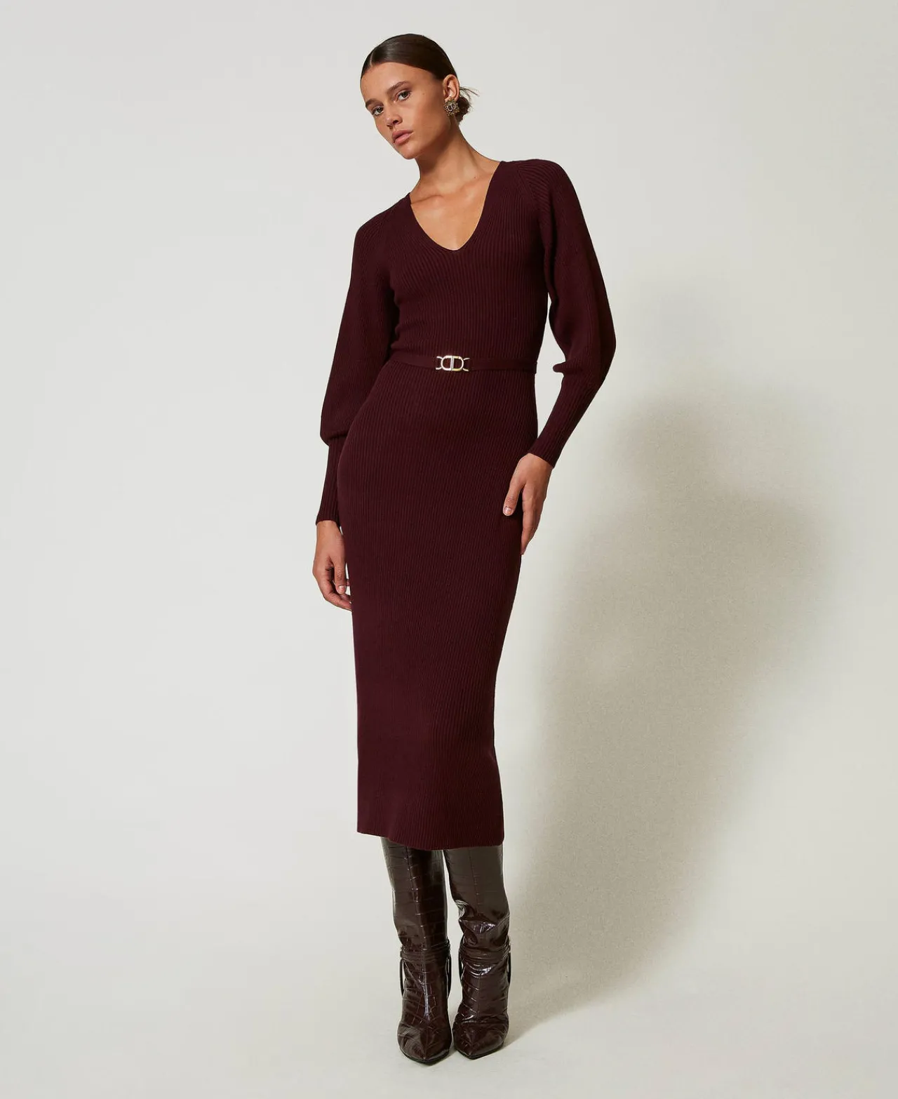 Robes En Maille | Robes Longues*TWINSET Milano Robe Longue En Maille Côtelée Avec Ceinture Rouge « Plum Wine »