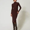 Robes En Maille | Robes Longues*TWINSET Milano Robe Longue En Maille Côtelée Avec Ouverture Coffee Chocolate