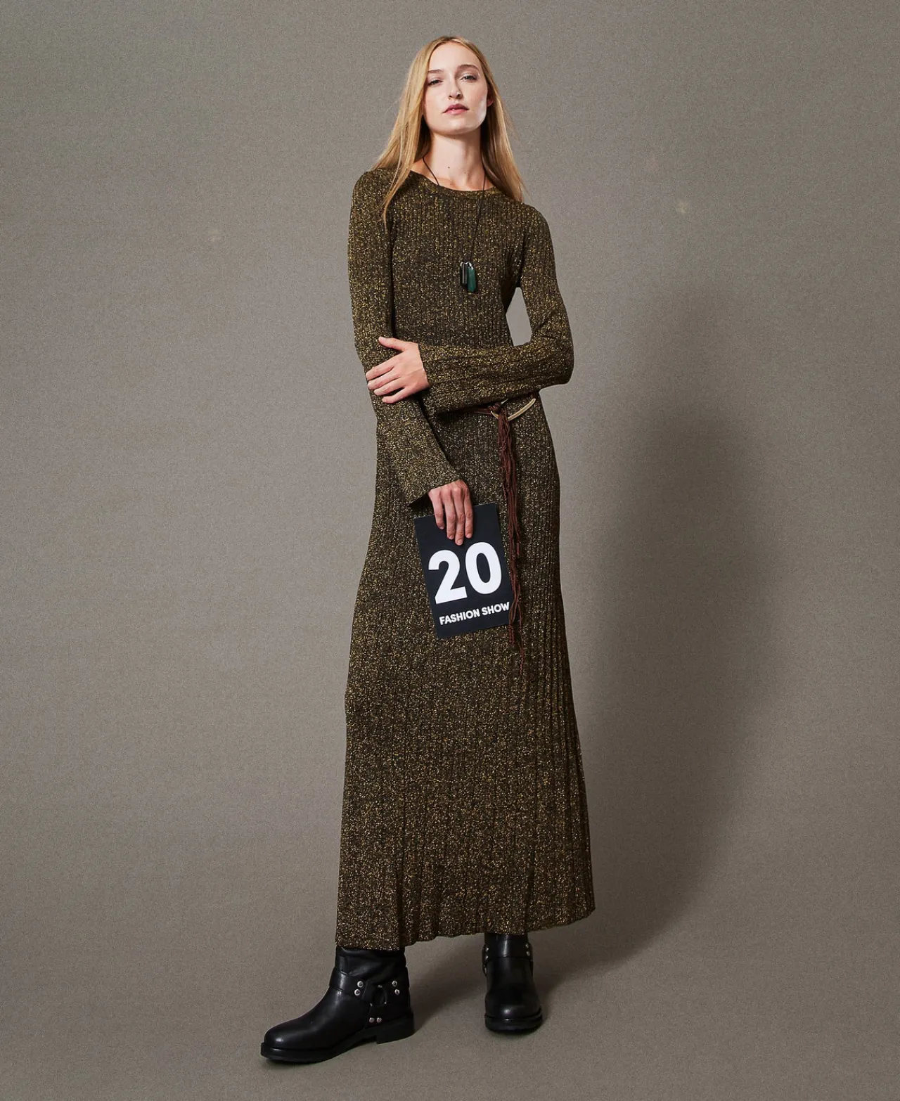 Robes De Cérémonie*TWINSET Milano Robe Longue En Maille Côtelée Avec Ceinture Oval T Bicolore Noir/Or Foncé