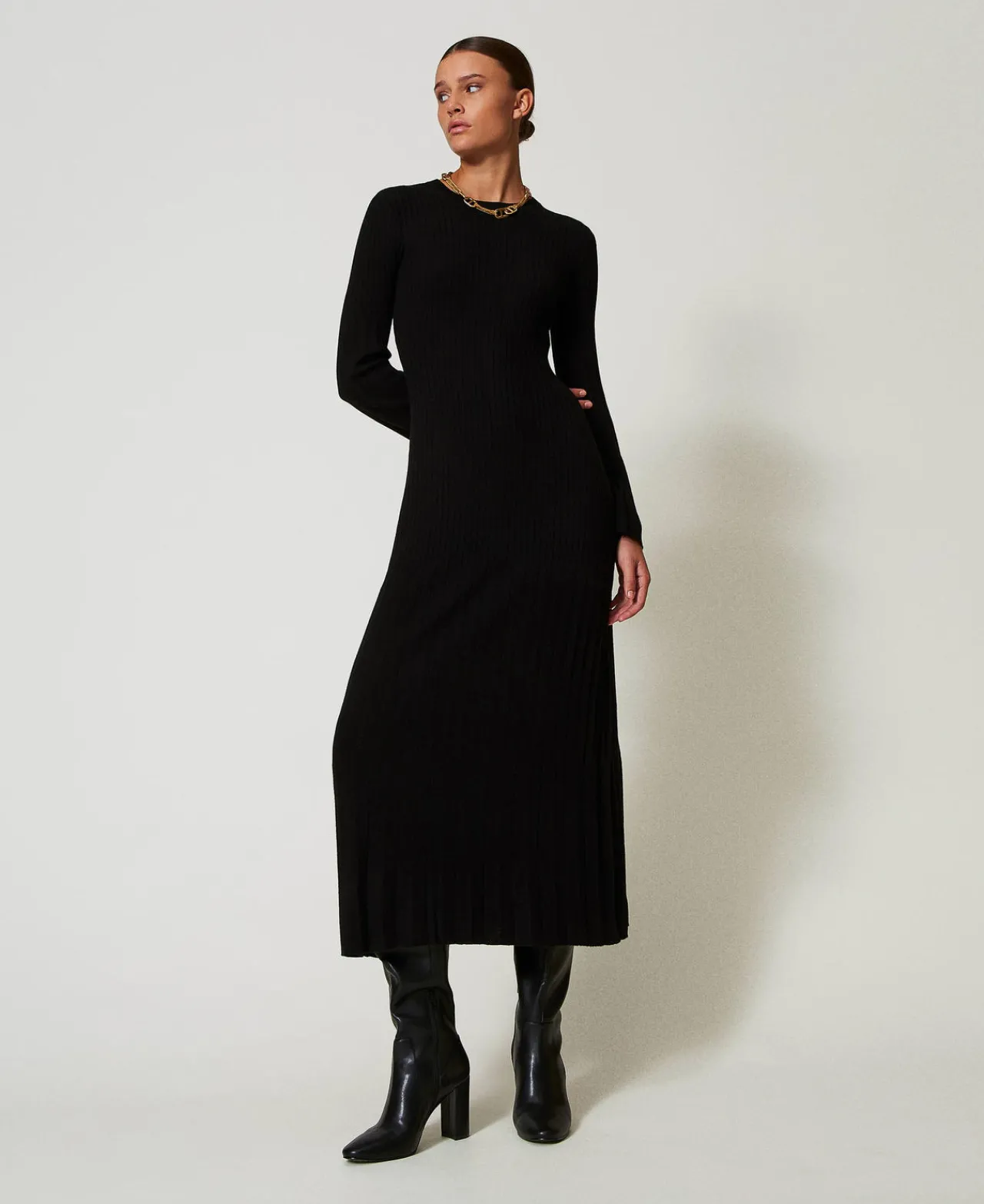 Robes De Cérémonie | Robes En Maille*TWINSET Milano Robe Longue En Maille Côtelée Avec Ouverture Noir