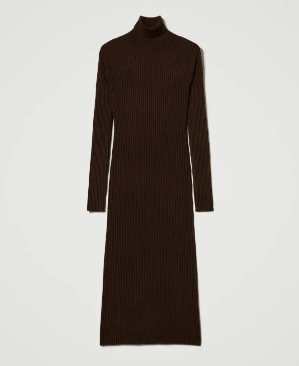 Robes En Maille | Robes Longues*TWINSET Milano Robe Longue En Maille Côtelée Avec Ouverture Coffee Chocolate
