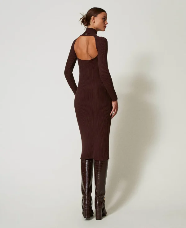 Robes En Maille | Robes Longues*TWINSET Milano Robe Longue En Maille Côtelée Avec Ouverture Coffee Chocolate