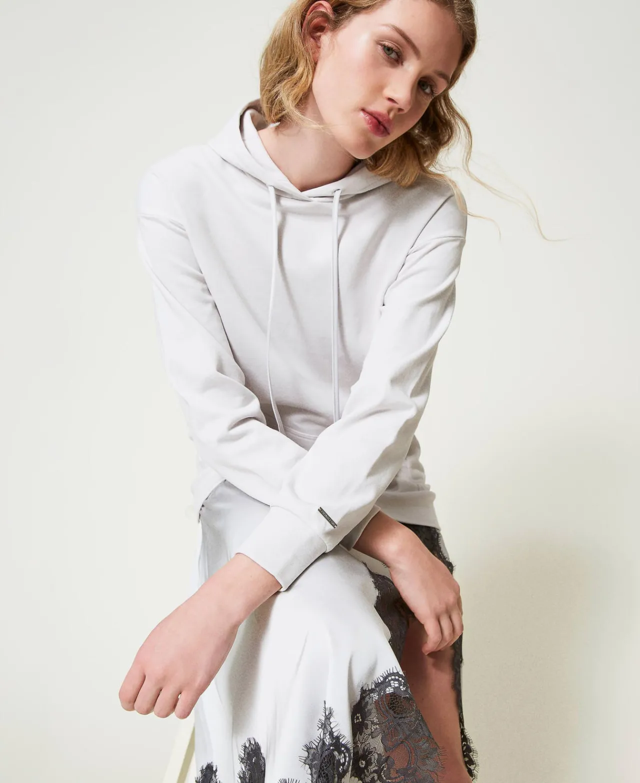 Robes Longues*TWINSET Milano Robe Longue En Molleton Et Satin Bicolore Argent/Gris « Blackened Pearl »