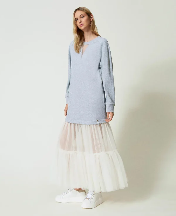 robe_longue_en_molleton_e_2.webp Robes Longues*TWINSET Milano Robe Longue En Molleton Et Tulle Bicolore Gris Chiné Moyen/Nacre