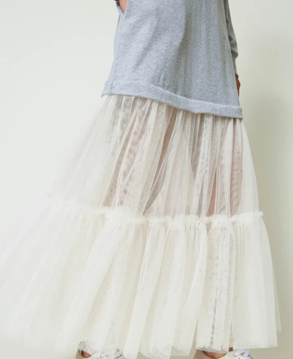 robe_longue_en_molleton_e_4.webp Robes Longues*TWINSET Milano Robe Longue En Molleton Et Tulle Bicolore Gris Chiné Moyen/Nacre