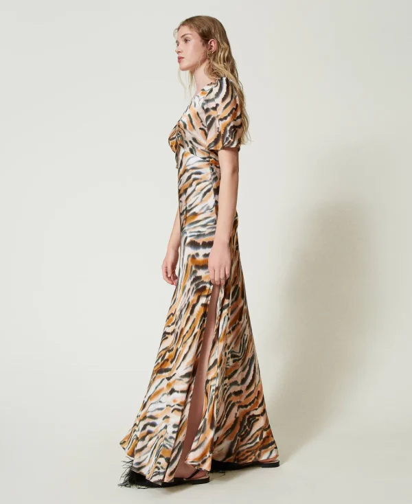 Robes De Cérémonie | Robes Élégantes*TWINSET Milano Robe Longue En Satin Animalier Imprimé Tigre Orange « Tanné »/Noir