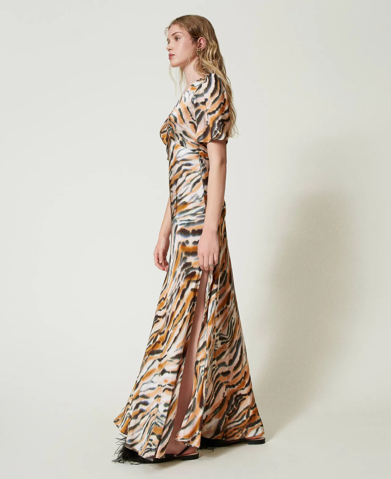 Robes De Cérémonie | Robes Élégantes*TWINSET Milano Robe Longue En Satin Animalier Imprimé Tigre Orange « Tanné »/Noir
