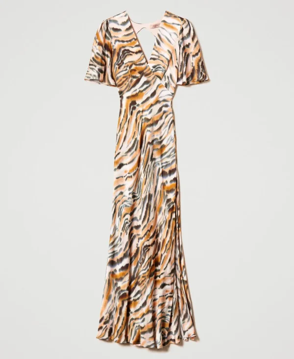 Robes De Cérémonie | Robes Élégantes*TWINSET Milano Robe Longue En Satin Animalier Imprimé Tigre Orange « Tanné »/Noir