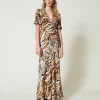 Robes De Cérémonie | Robes Élégantes*TWINSET Milano Robe Longue En Satin Animalier Imprimé Tigre Orange « Tanné »/Noir