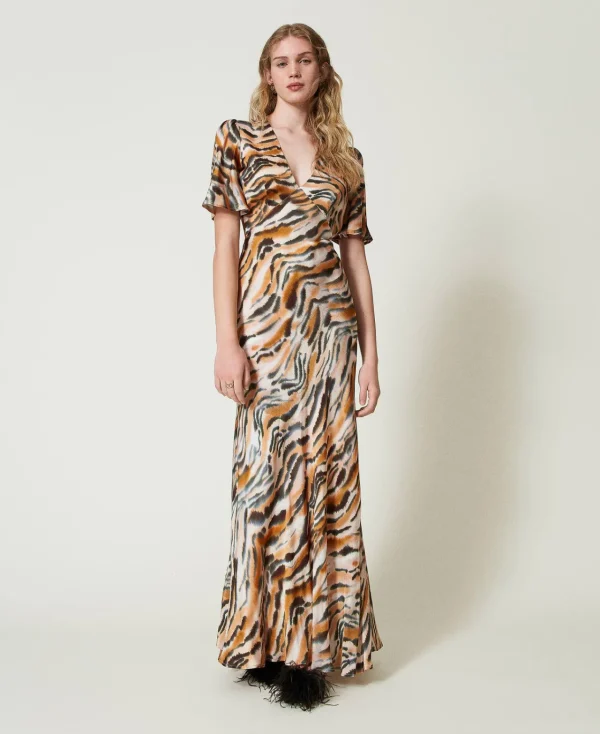 Robes De Cérémonie | Robes Élégantes*TWINSET Milano Robe Longue En Satin Animalier Imprimé Tigre Orange « Tanné »/Noir