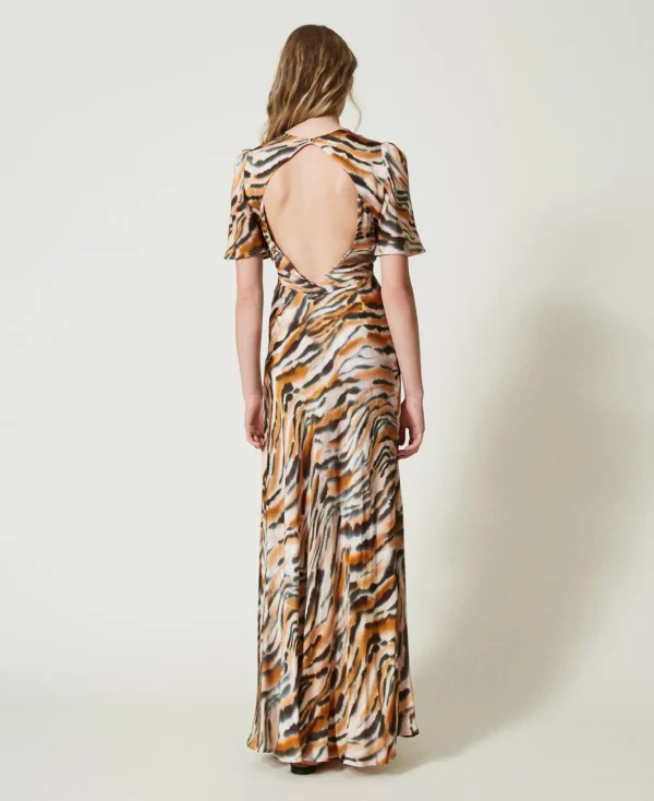 Robes De Cérémonie | Robes Élégantes*TWINSET Milano Robe Longue En Satin Animalier Imprimé Tigre Orange « Tanné »/Noir
