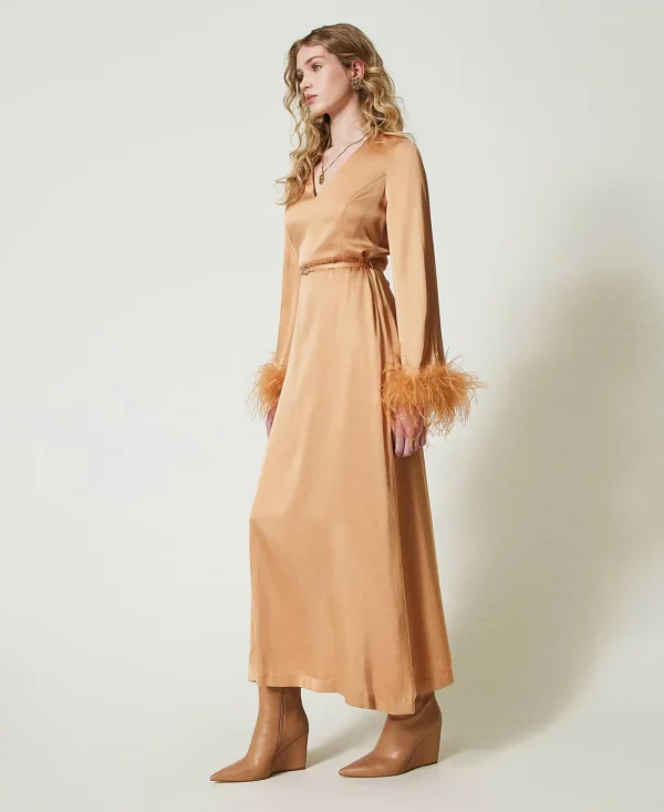 Robes De Cérémonie | Robes Élégantes*TWINSET Milano Robe Longue En Satin Avec Plumes Orange « Bubbly »