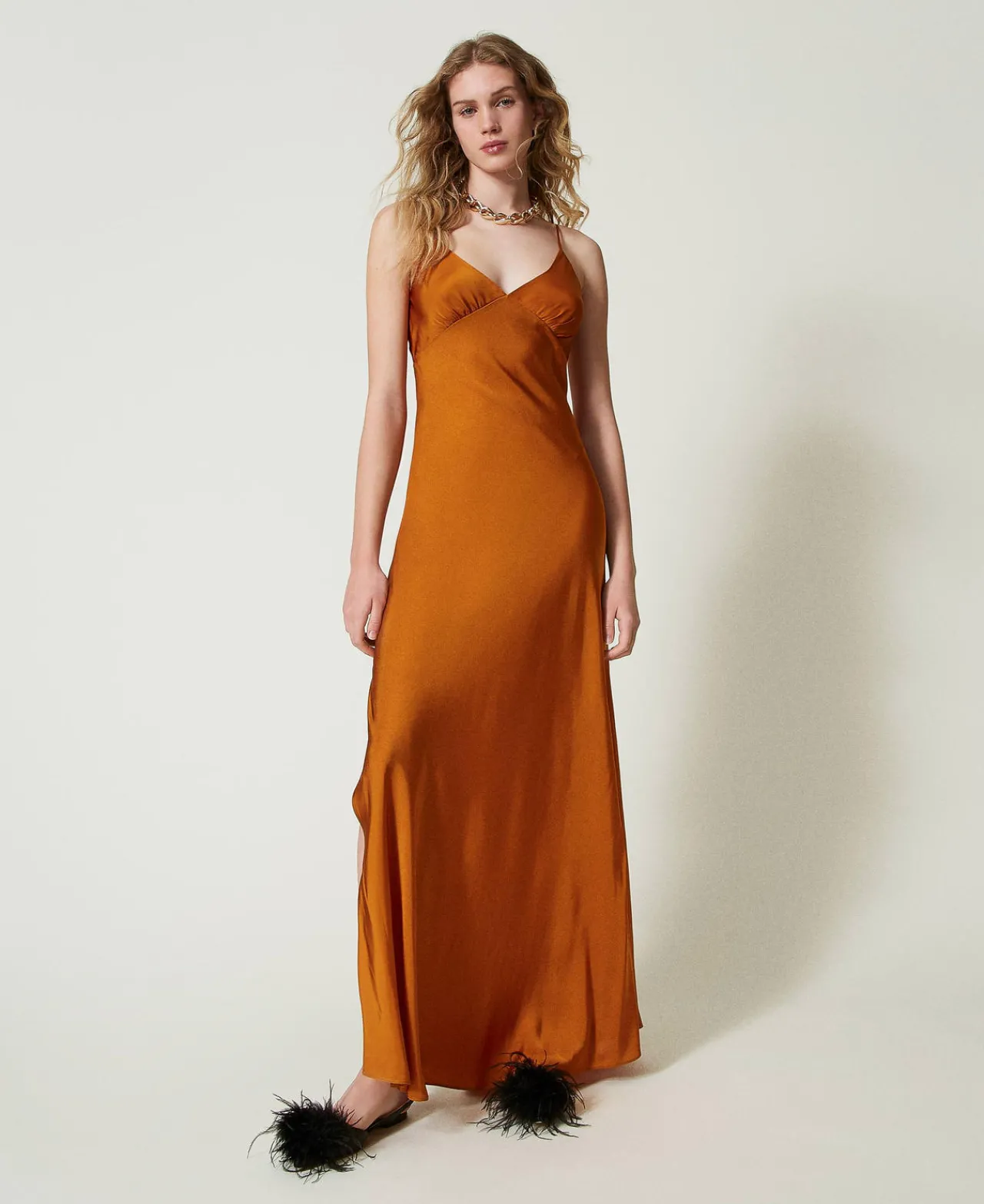 Robes De Cérémonie | Robes Élégantes*TWINSET Milano Robe Longue En Satin Avec Bretelles Spaghetti Orange « Tanné »