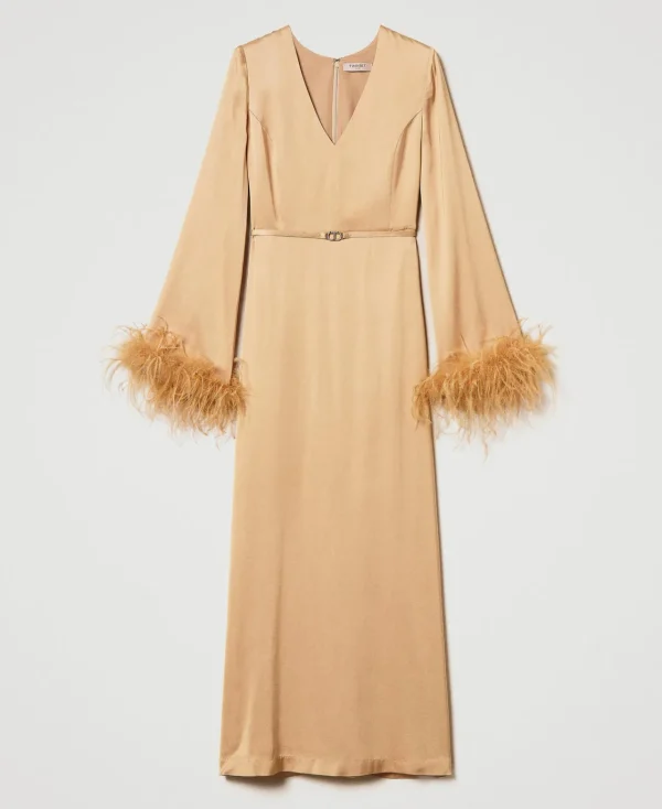 Robes De Cérémonie | Robes Élégantes*TWINSET Milano Robe Longue En Satin Avec Plumes Orange « Bubbly »