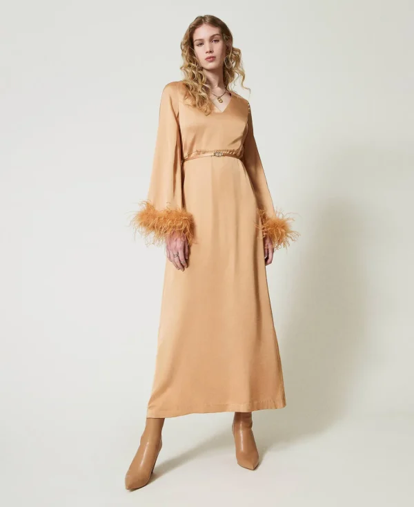 Robes De Cérémonie | Robes Élégantes*TWINSET Milano Robe Longue En Satin Avec Plumes Orange « Bubbly »