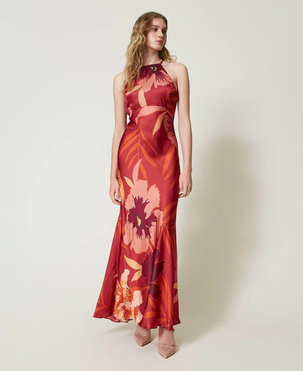 Robes De Cérémonie | Robes Élégantes*TWINSET Milano Robe Longue En Satin Floral Avec Encolure Américaine Grandes Fleurs Rouge/Red Plum