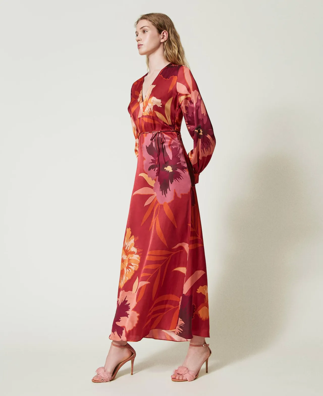 Robes De Cérémonie | Robes Élégantes*TWINSET Milano Robe Longue En Satin Floral Grandes Fleurs Rouge/Red Plum