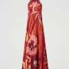 robe_longue_en_satin_flor_1-1.webp Robes De Cérémonie | Robes Élégantes*TWINSET Milano Robe Longue En Satin Floral Avec Encolure Américaine Grandes Fleurs Rouge/Red Plum