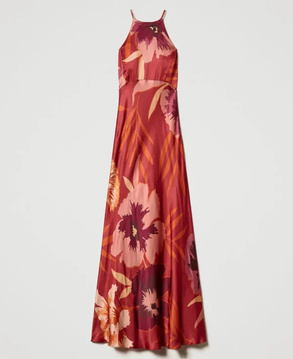 robe_longue_en_satin_flor_1-1.webp Robes De Cérémonie | Robes Élégantes*TWINSET Milano Robe Longue En Satin Floral Avec Encolure Américaine Grandes Fleurs Rouge/Red Plum