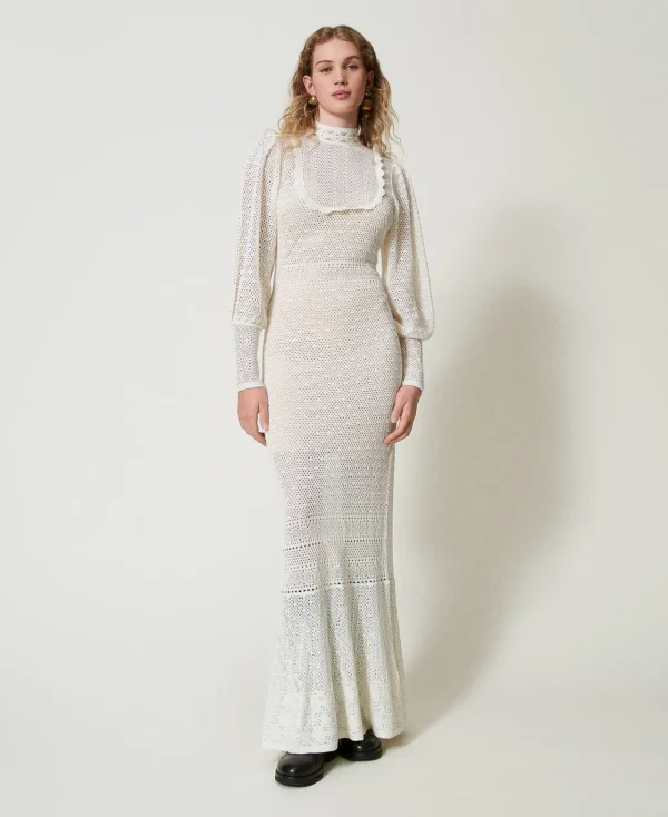 Robes De Cérémonie | Robes Élégantes*TWINSET Milano Robe Longue «Lara» En Maille Point Dentelle Blanc Neige