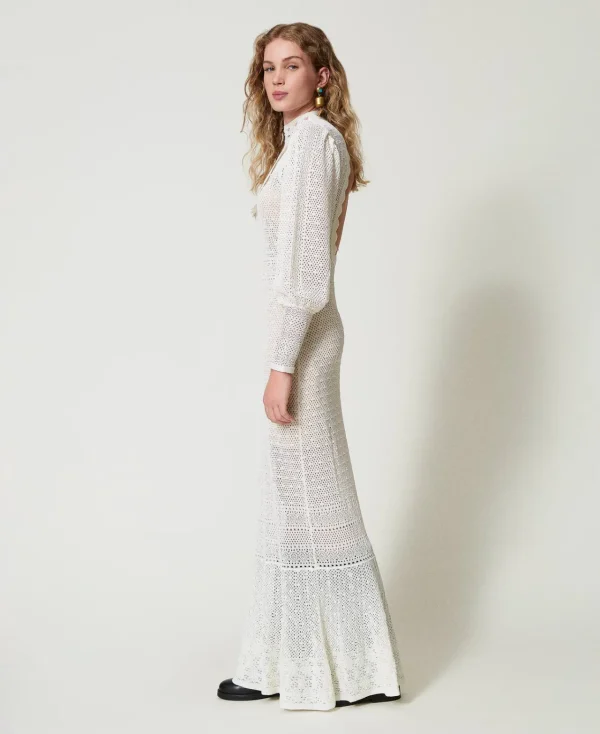 Robes De Cérémonie | Robes Élégantes*TWINSET Milano Robe Longue «Lara» En Maille Point Dentelle Blanc Neige