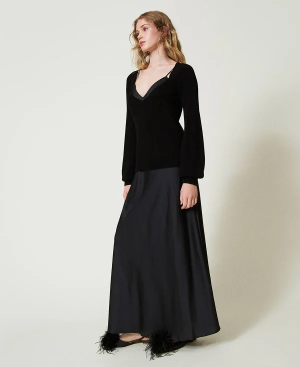 robe_longue_nuisette_avec_2.webp Robes De Cérémonie | Robes Élégantes*TWINSET Milano Robe Longue Nuisette Avec Pull Noir