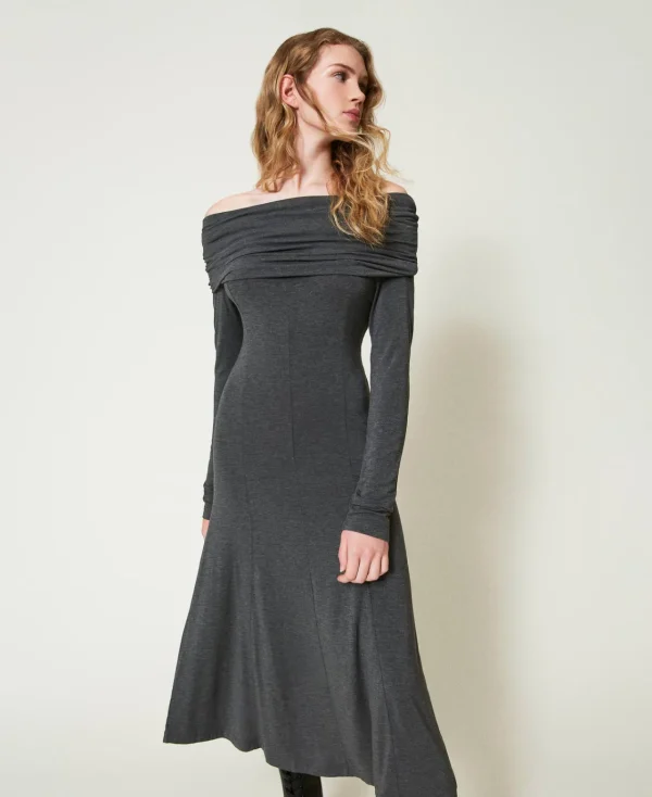 Robes Midi*TWINSET Milano Robe Midi En Jersey Avec Broderie Siglée Gris Anthracite Chiné
