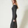 Robes Midi*TWINSET Milano Robe Midi En Jersey Avec Broderie Siglée Gris Anthracite Chiné