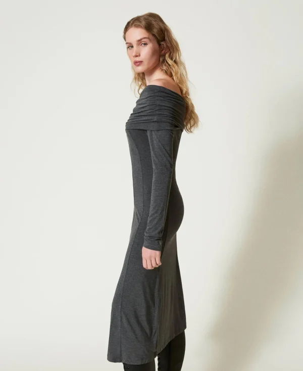 Robes Midi*TWINSET Milano Robe Midi En Jersey Avec Broderie Siglée Gris Anthracite Chiné