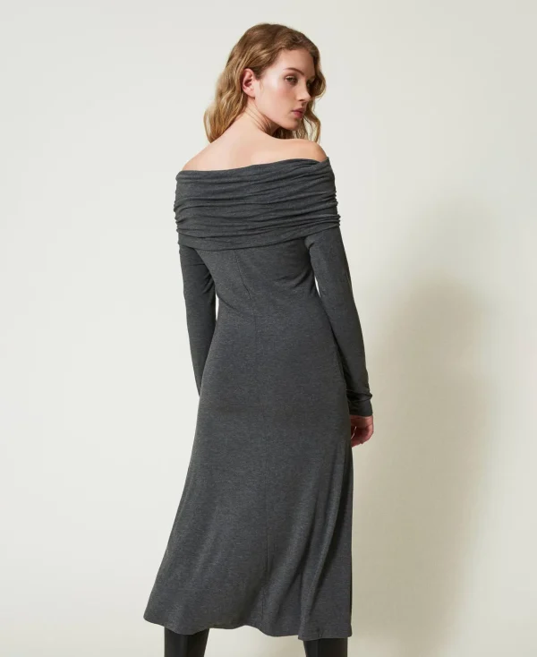 Robes Midi*TWINSET Milano Robe Midi En Jersey Avec Broderie Siglée Gris Anthracite Chiné