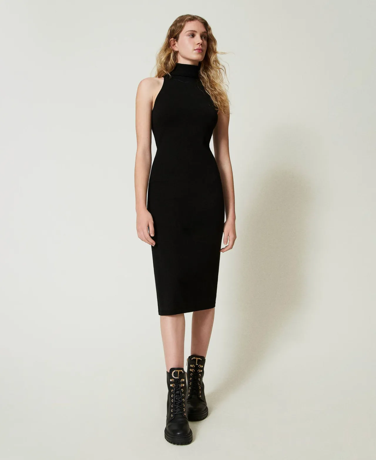 robe_midi_en_maille_avec__0-3.webp Robes Élégantes | Robes En Maille*TWINSET Milano Robe Midi En Maille Avec Encolure Américaine Noir